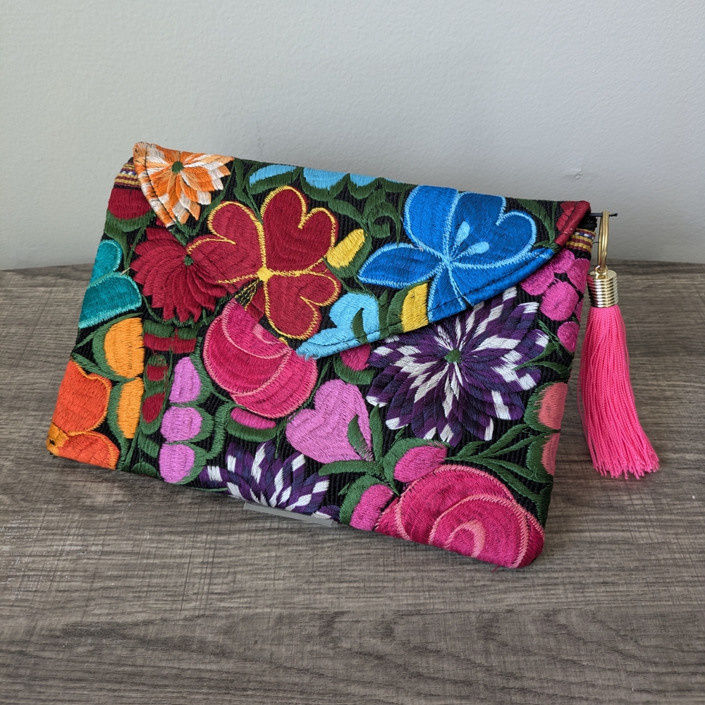 Artisanal Floral Embroidered Envelope Clutch • Boho Tassel Bag • Hand-Embroidere